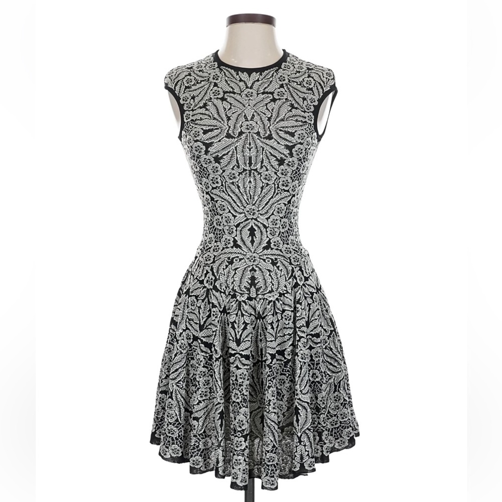 Alexander McQueen Black and White Patterned Mini Dress.